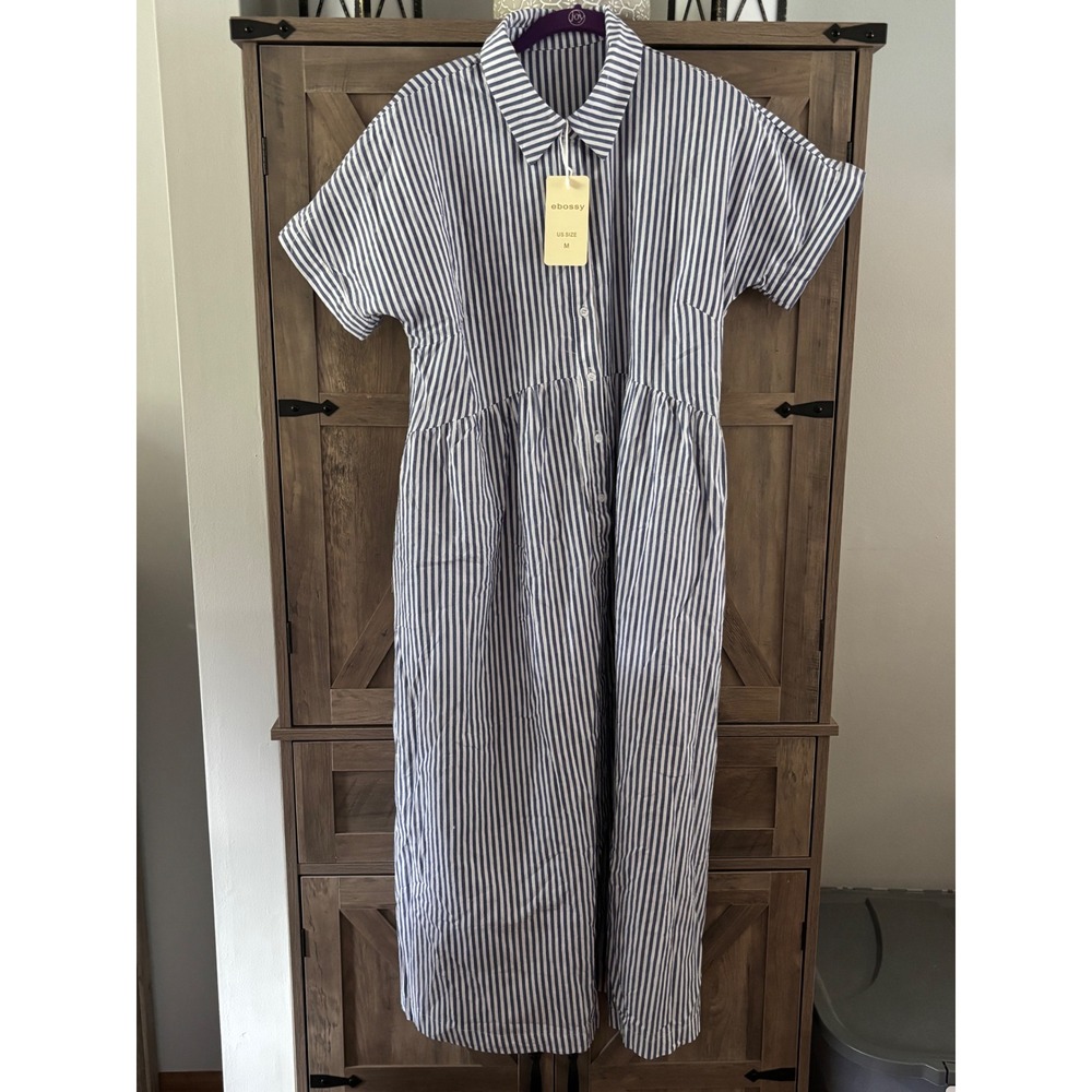 ebossy Blue White Striped Short Sleeve Maxi Shirt Dress Size M NWT